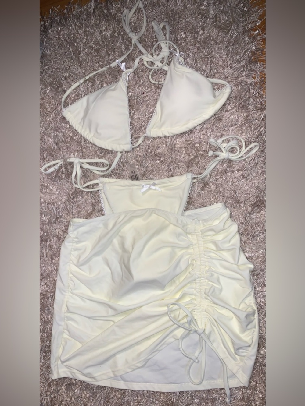 Cream Ruched Triangle Bikini Set with Mini Skirt size Large NWOT